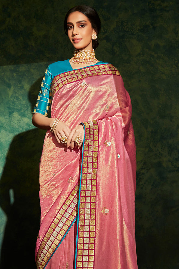 Copper Pink and Blue South Silk Saree