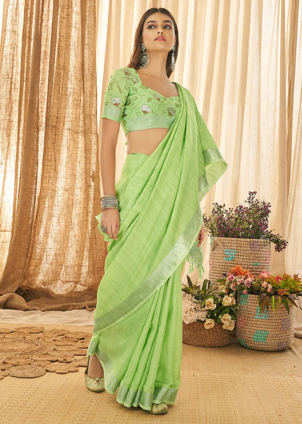 Chelsea Pista Green Zari Woven Linen Saree