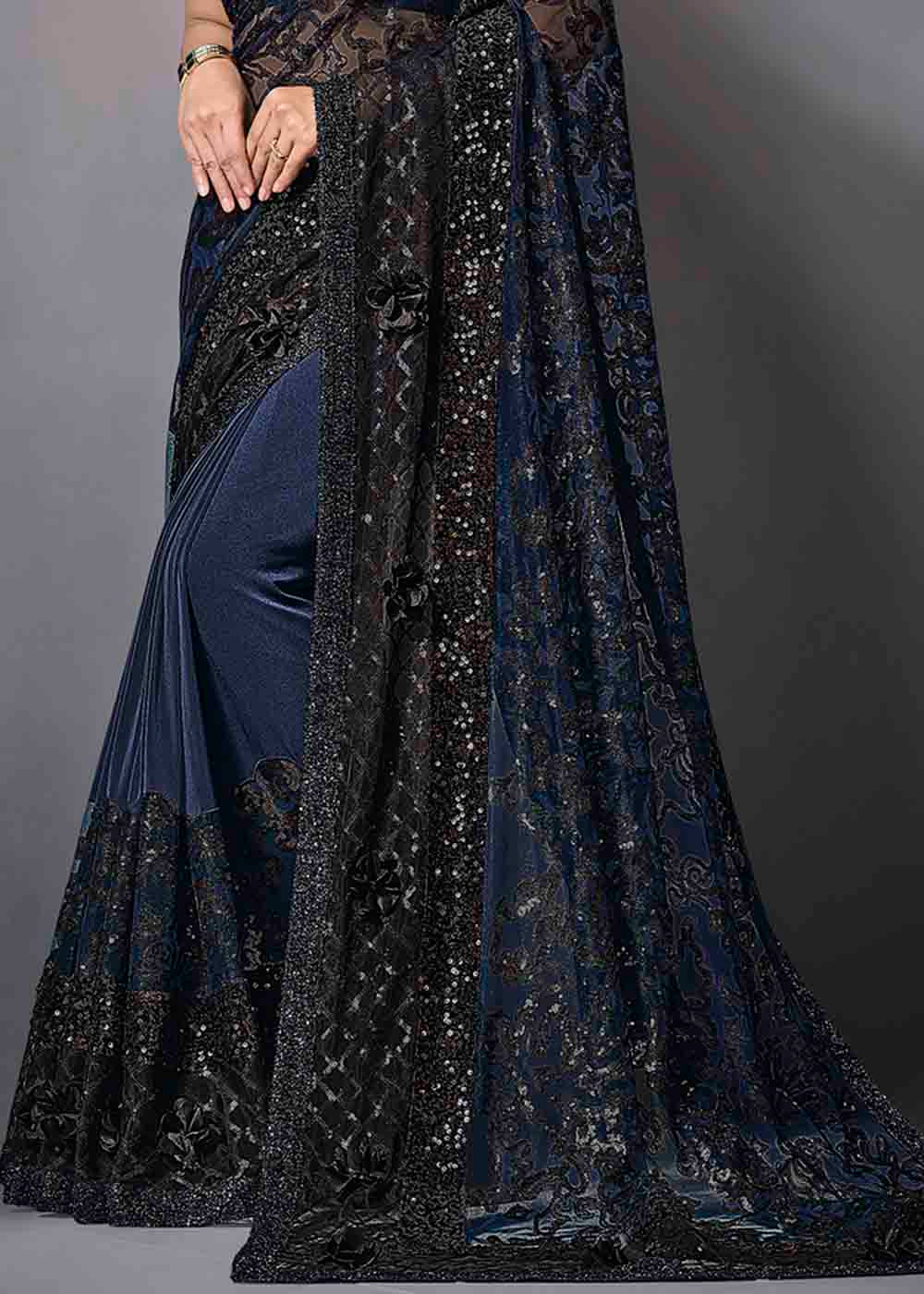 Ebony Blue Designer Lycra Saree with Embroidery Work