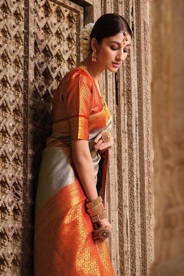 Bronco Grey and Orange Zari Woven Kanjivaram Saree