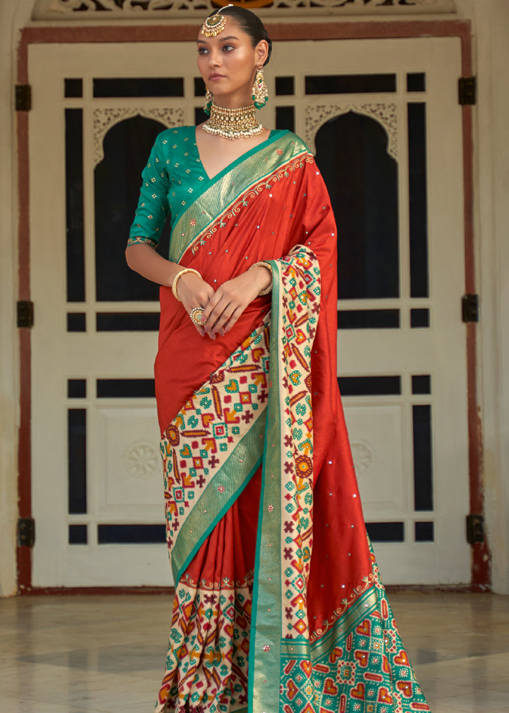 Jasper Red and Green Woven Patola Silk Saree