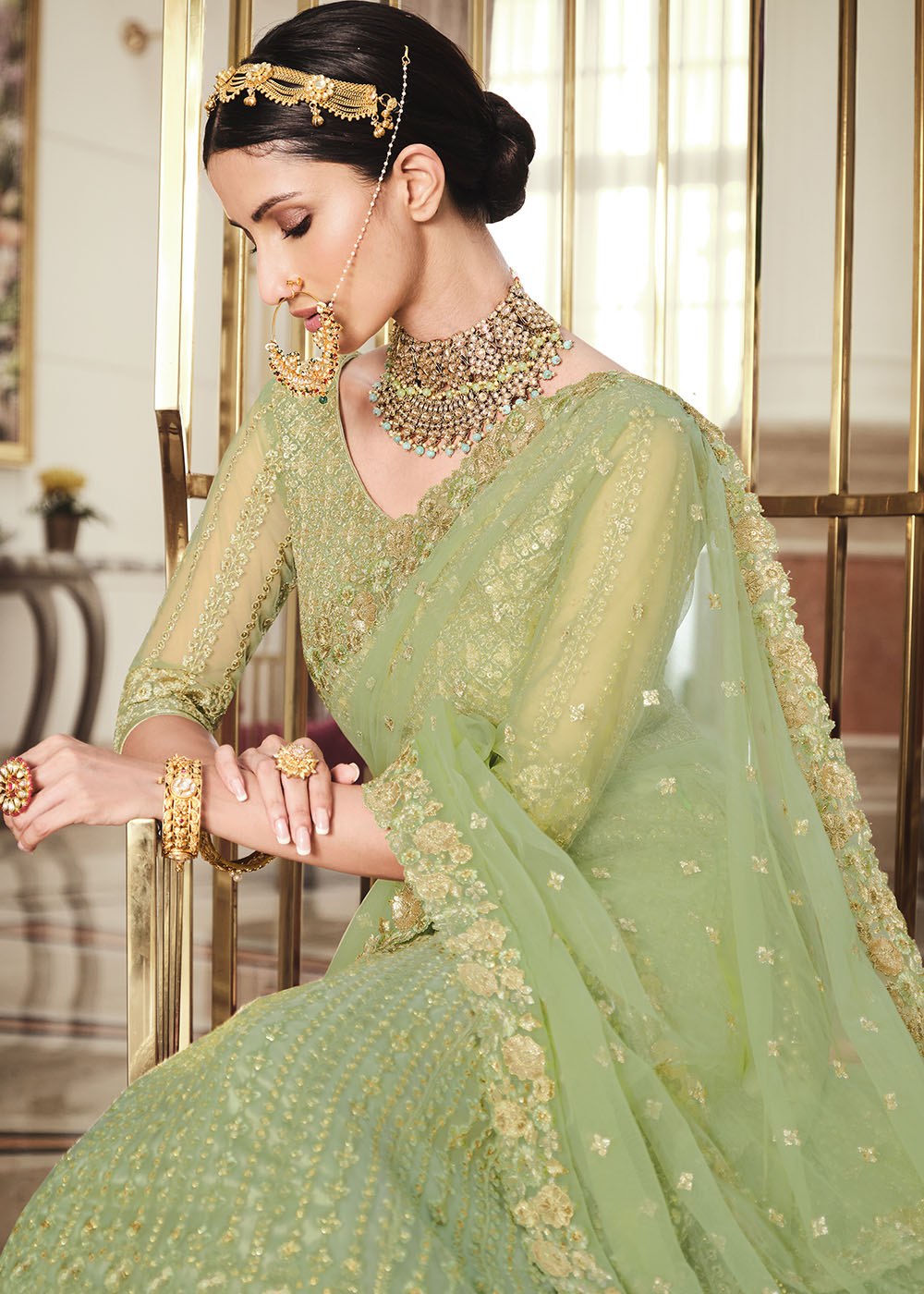 Pine Glade Green Net Designer Lehenga With Heavy Embroidered Work