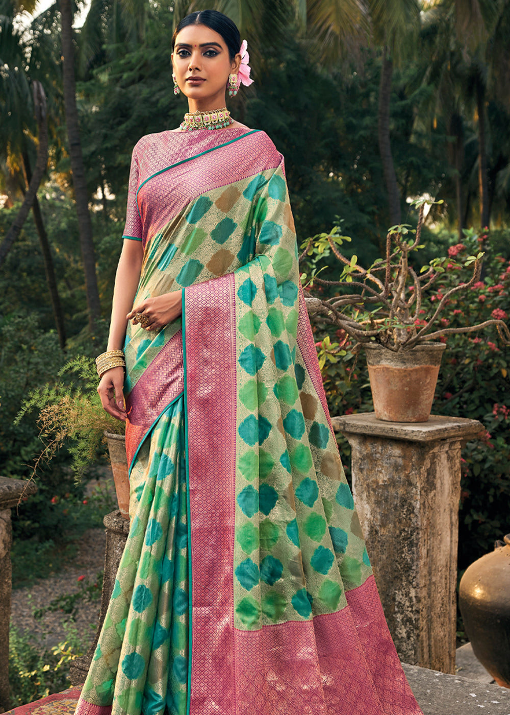 Asparagus Green Woven Organza Banarasi Silk Saree