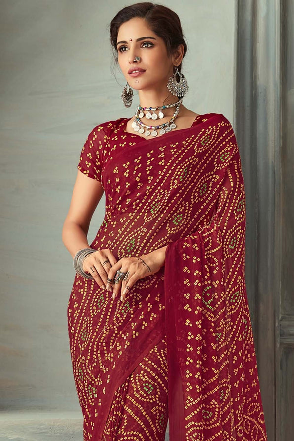 Crown Brown Chiffon Bandhani Printed Saree