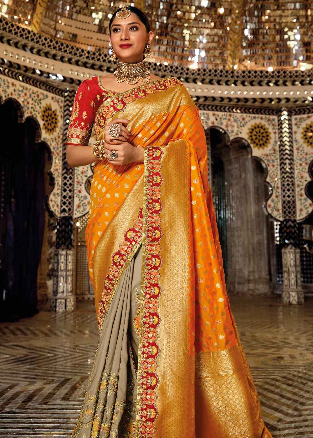 Cedar Chest Orange Zari Woven Designer Banarasi Saree