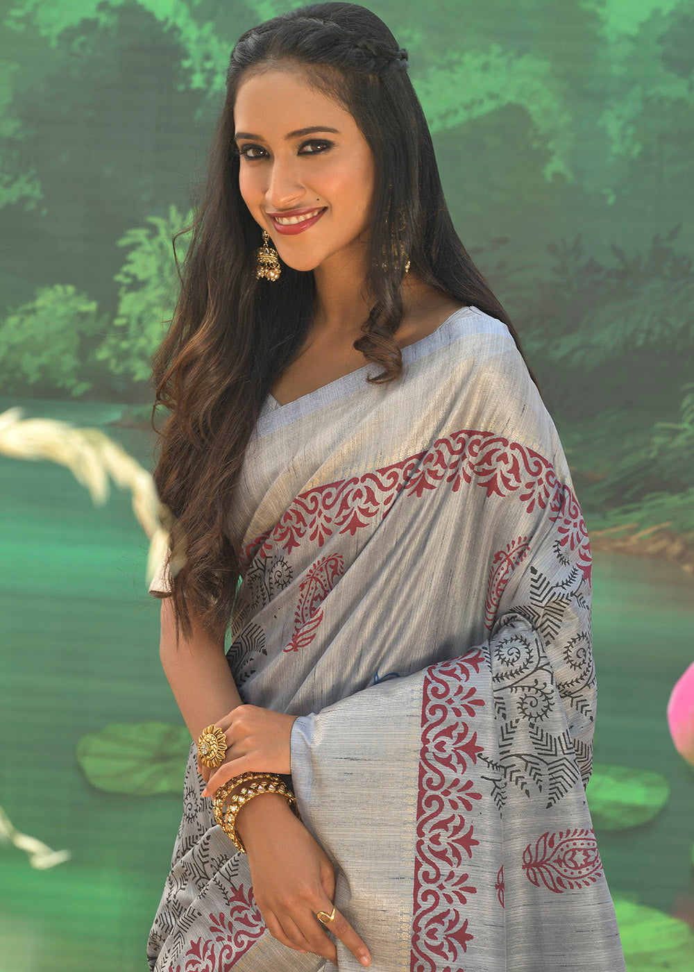 Star Grey Cotton Silk Printed Saree