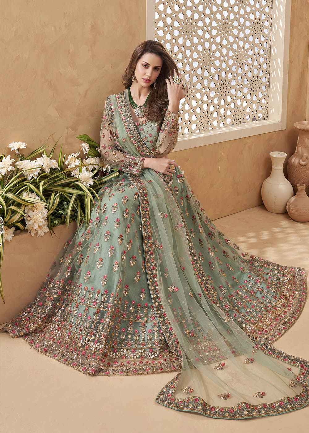 Envy Green Designer Net Lehenga with Multi Thread Embroidery Work