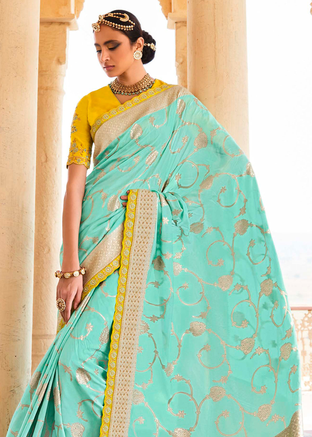 Riptide Blue and Yellow Zari Woven Designer Banarasi Saree