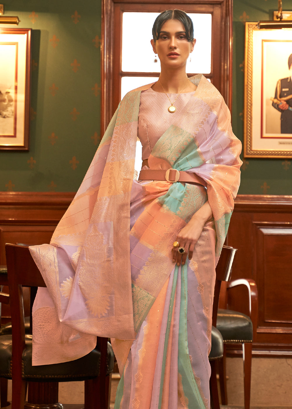 Rose Pink and Purple Zari Woven Banarasi Organza Saree