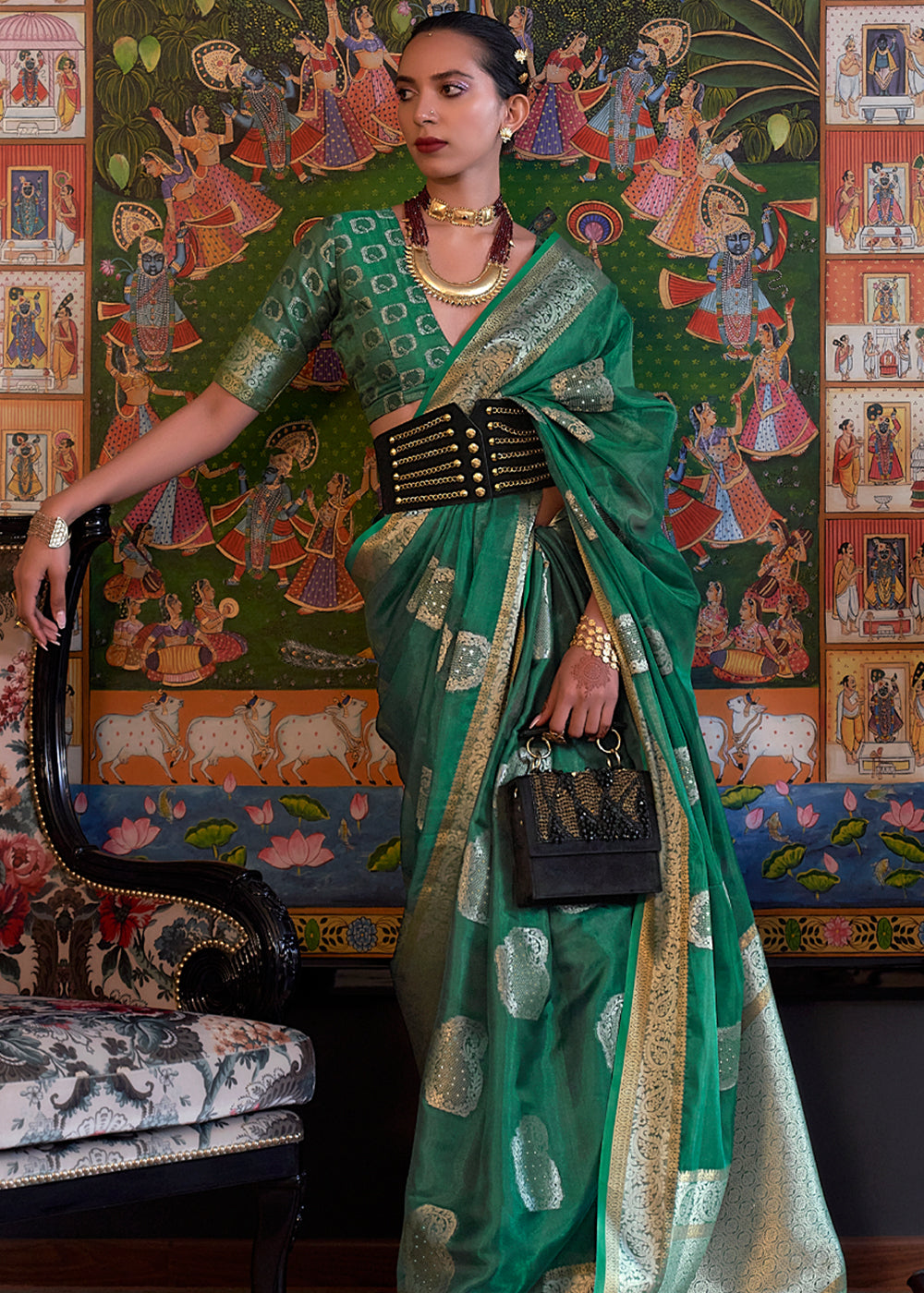 Polished Pine Green Woven Banarasi Organza Silk Saree