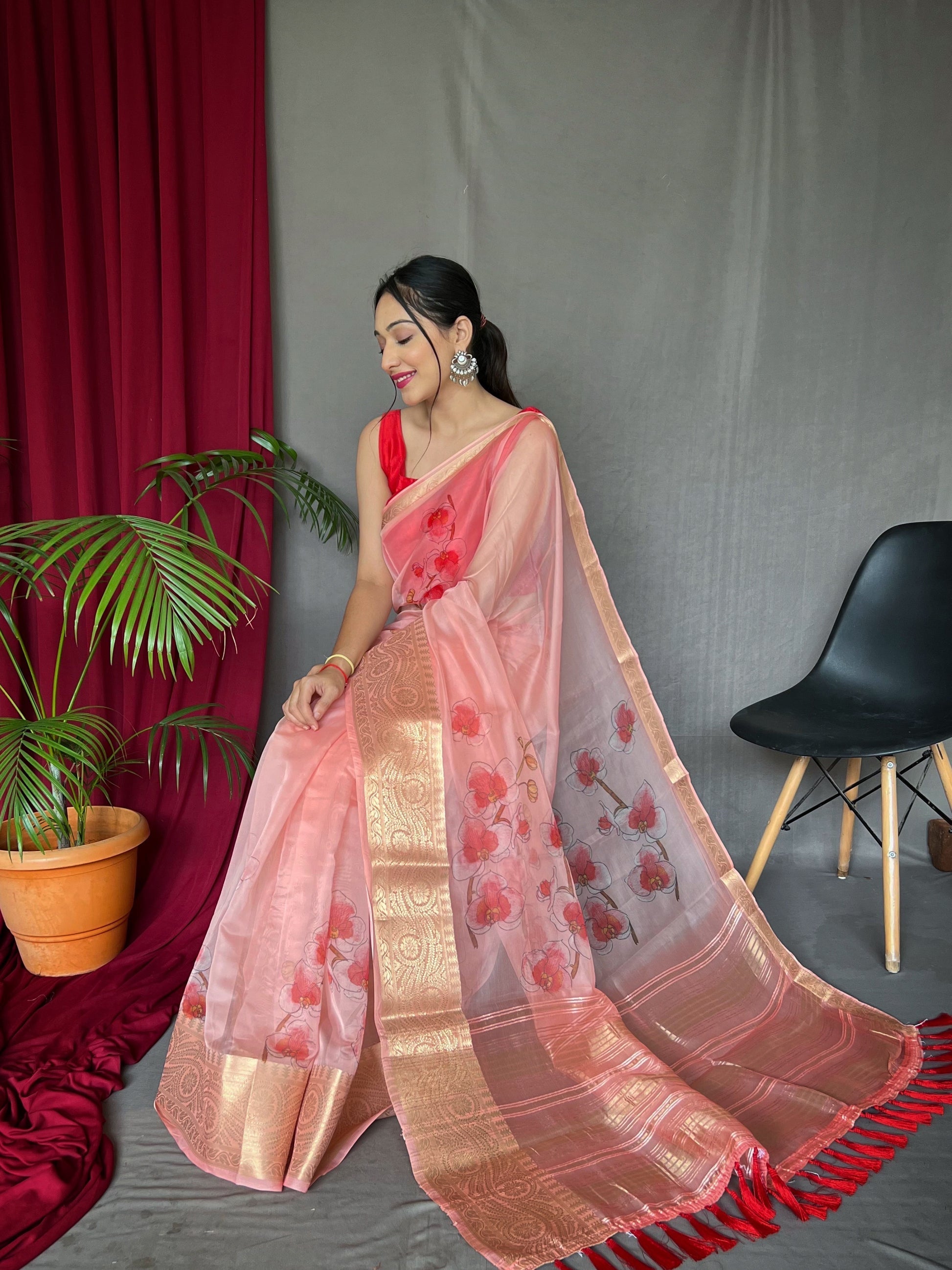 Froly Pink Organza Digital Floral Printed Saree