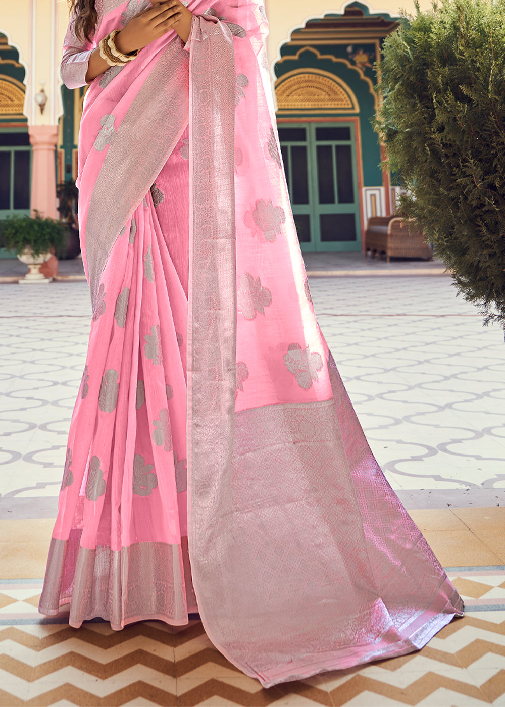 Candy Pink Zari Woven Banarasi Linen Saree