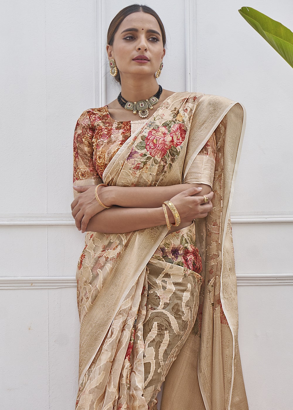 Sandrift Brown Digital Printed Organza Silk Saree