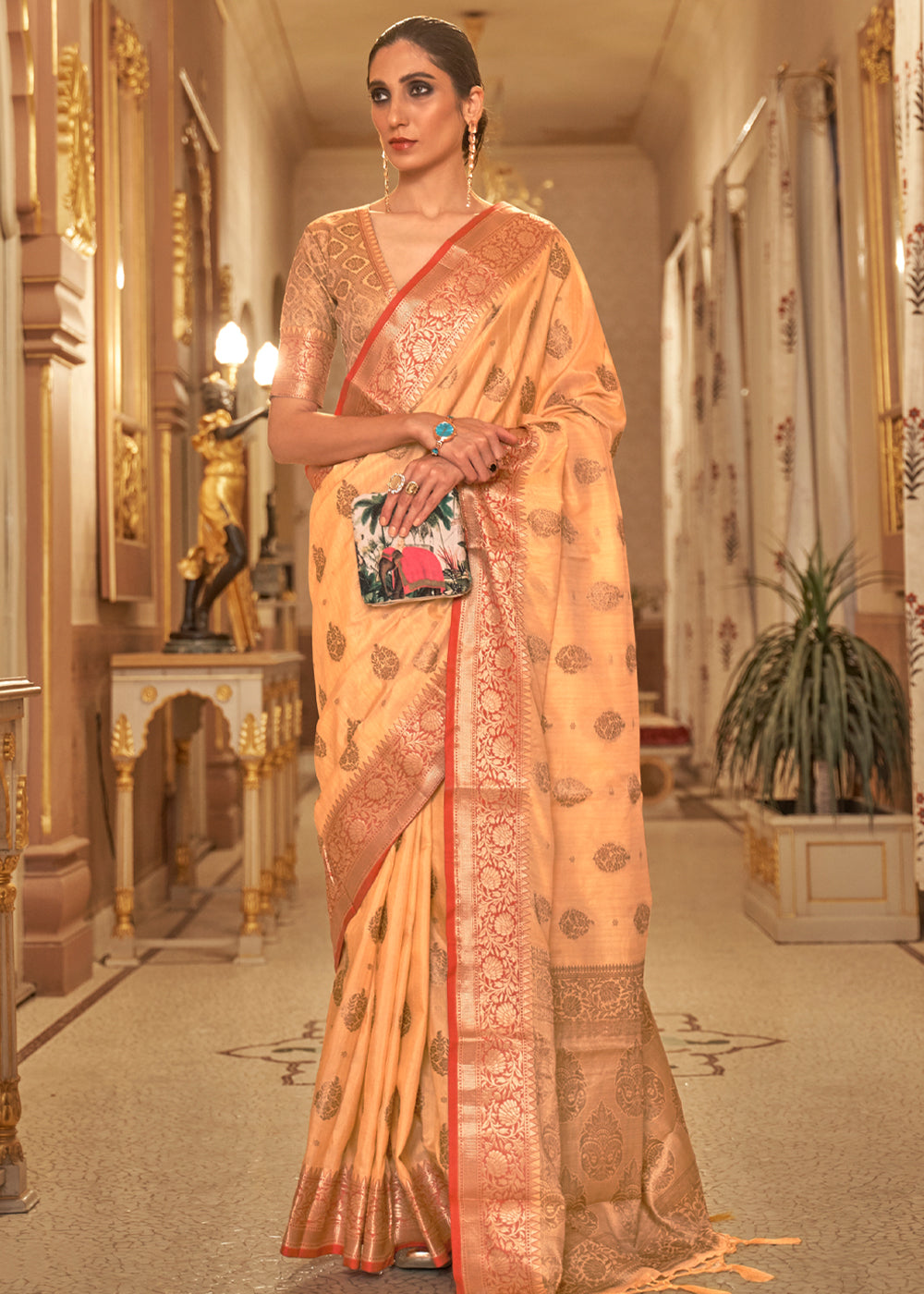 Cheese Orange Zari Woven Banarasi Linen Saree