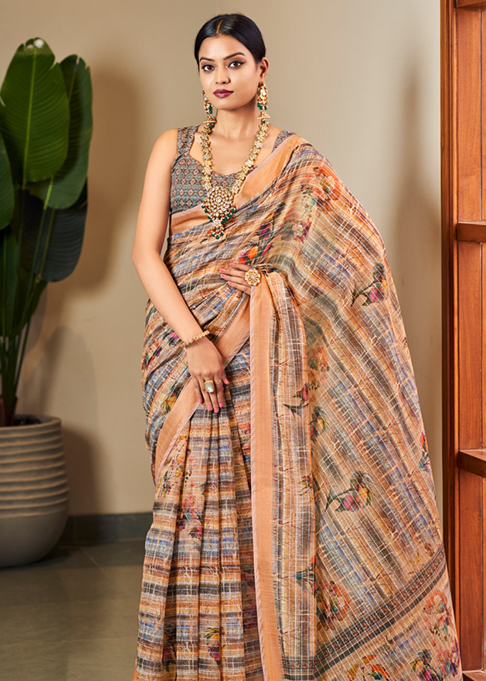 Caramel Brown Linen Saree with Digital Print