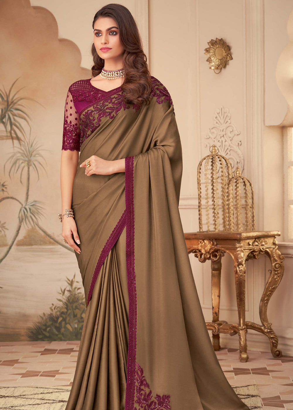 Dirt Brown Georgette Designer Saree with Embroidered Blouse