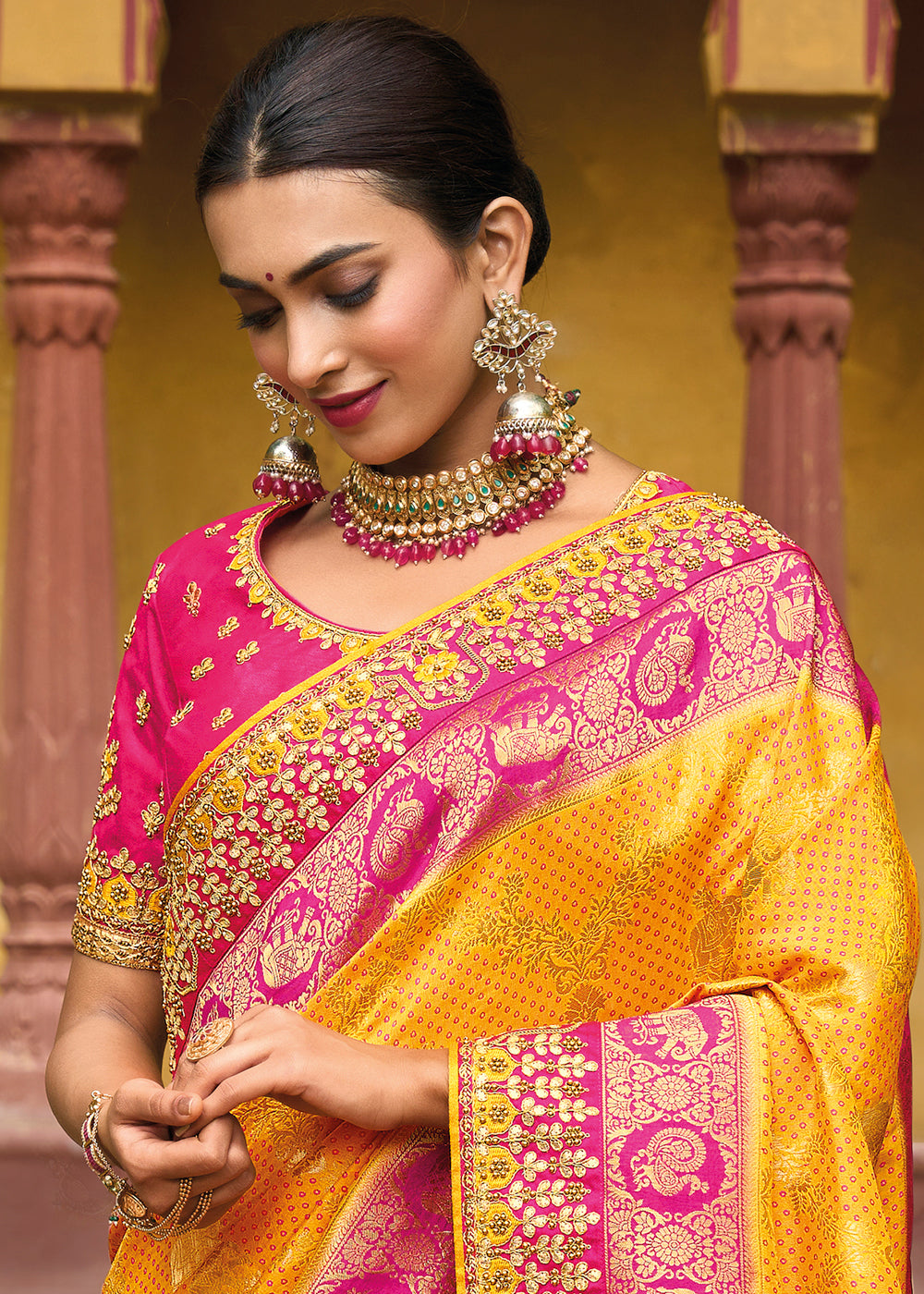 Sea Yellow and Pink Embroidered Dola Silk Saree