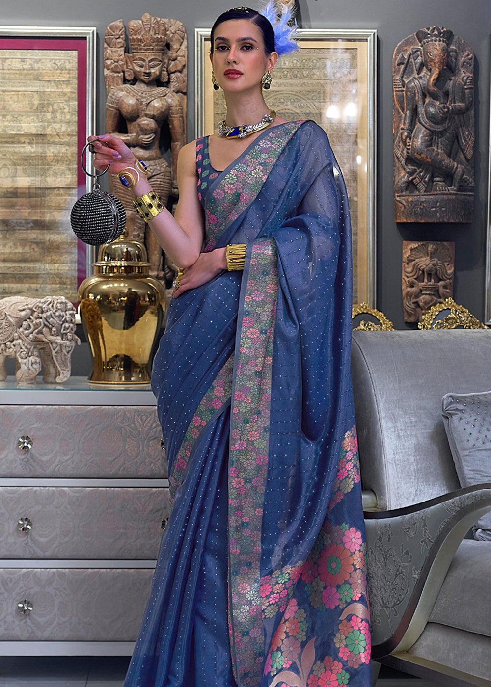 San Juan Blue Woven Dual Tone Organza Banarasi Silk Saree