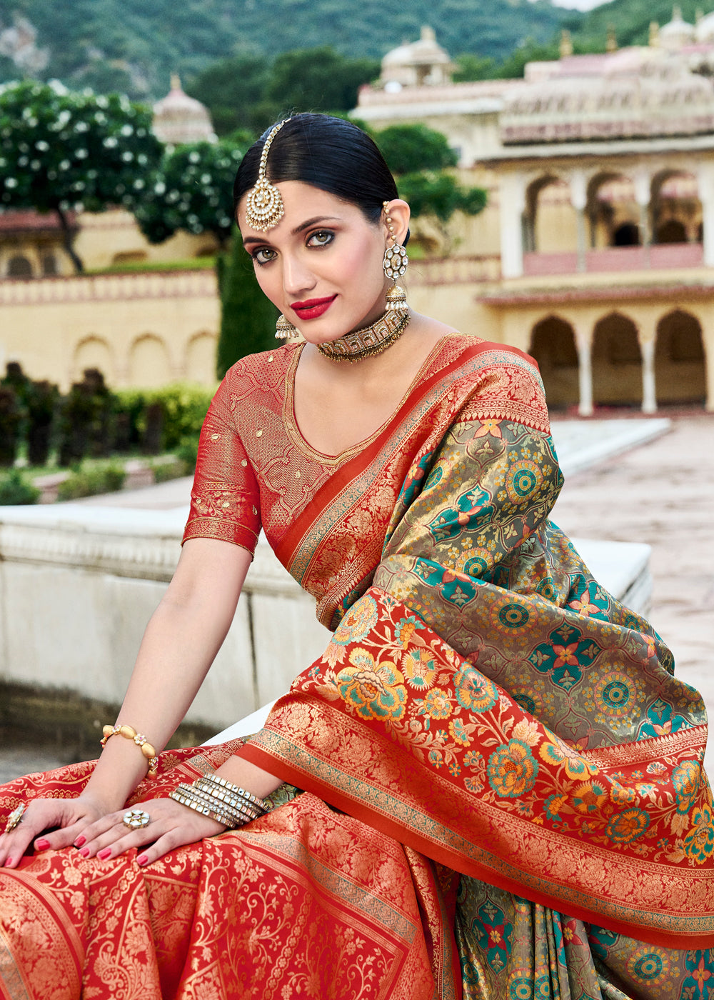 Sage Green and Red Designer Banarasi Saree