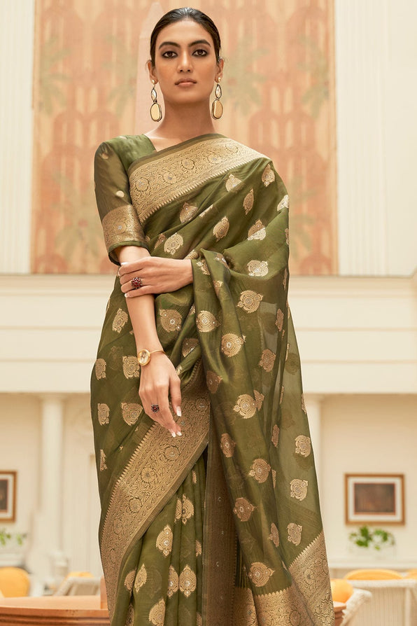 Yellow Metal Green Zari Woven Organza Silk Saree