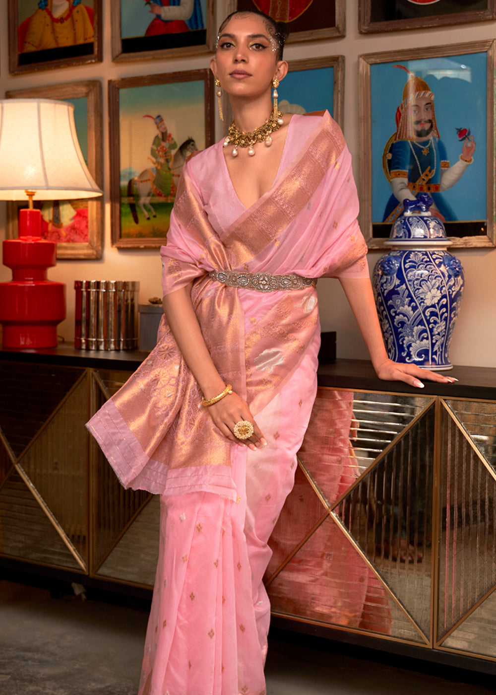 Sundown Pink Zari Woven Banarasi Organza Saree