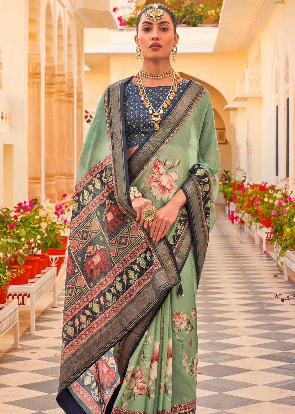 Sage Green Printed Chiffon Patola Silk Saree