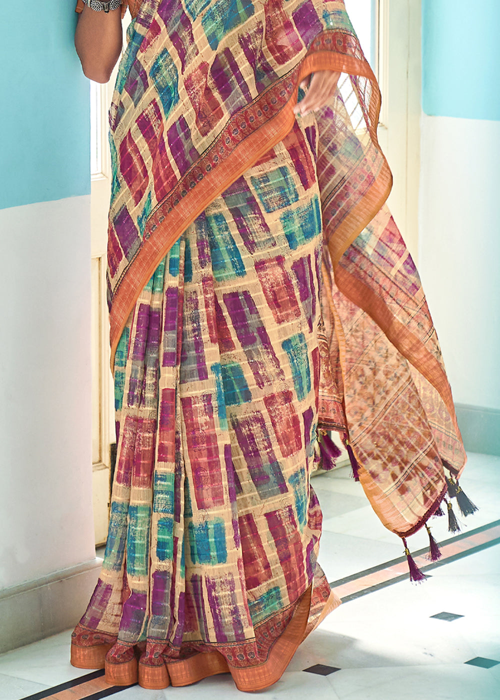 Tan Cream Multicolor Printed Linen Saree