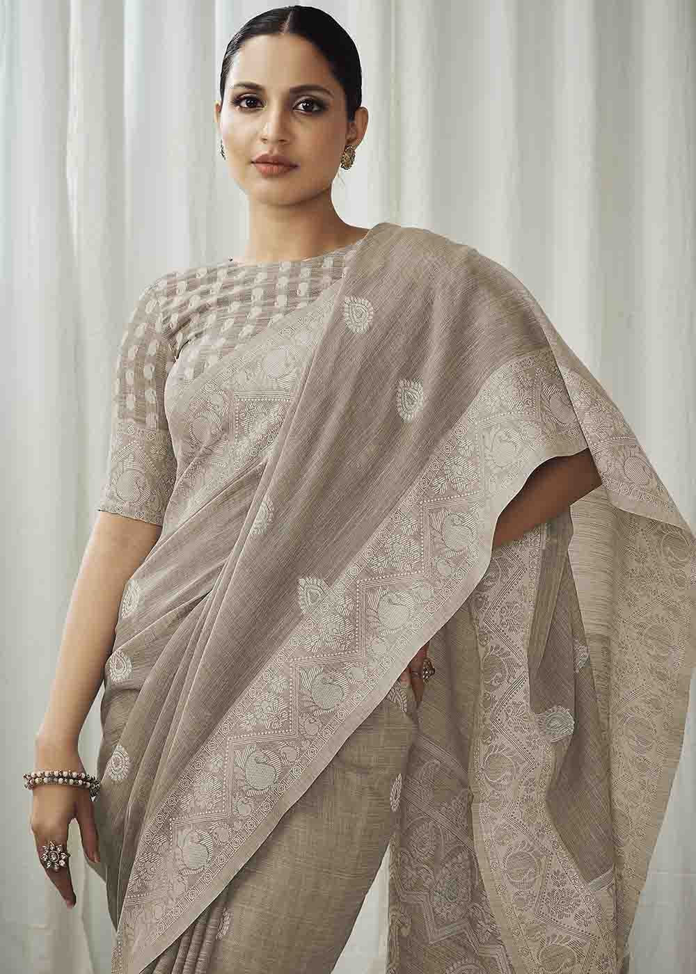 Crocodile Grey Chikankari Linen Saree