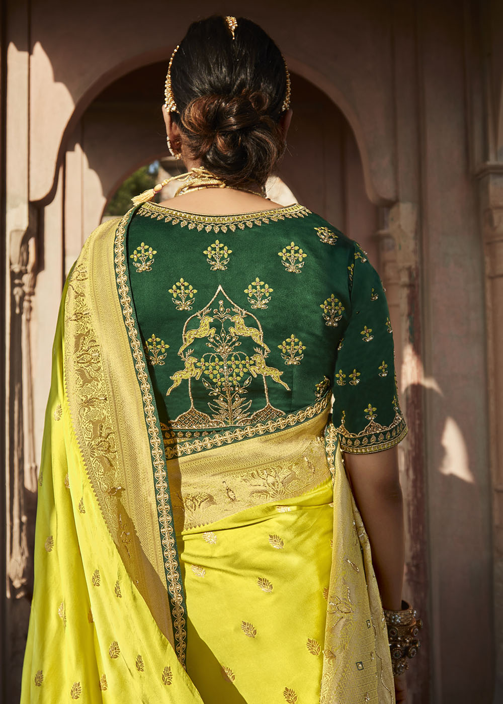 Sunflower Green Zari Woven Banarasi Silk Saree with Embroidered Blouse