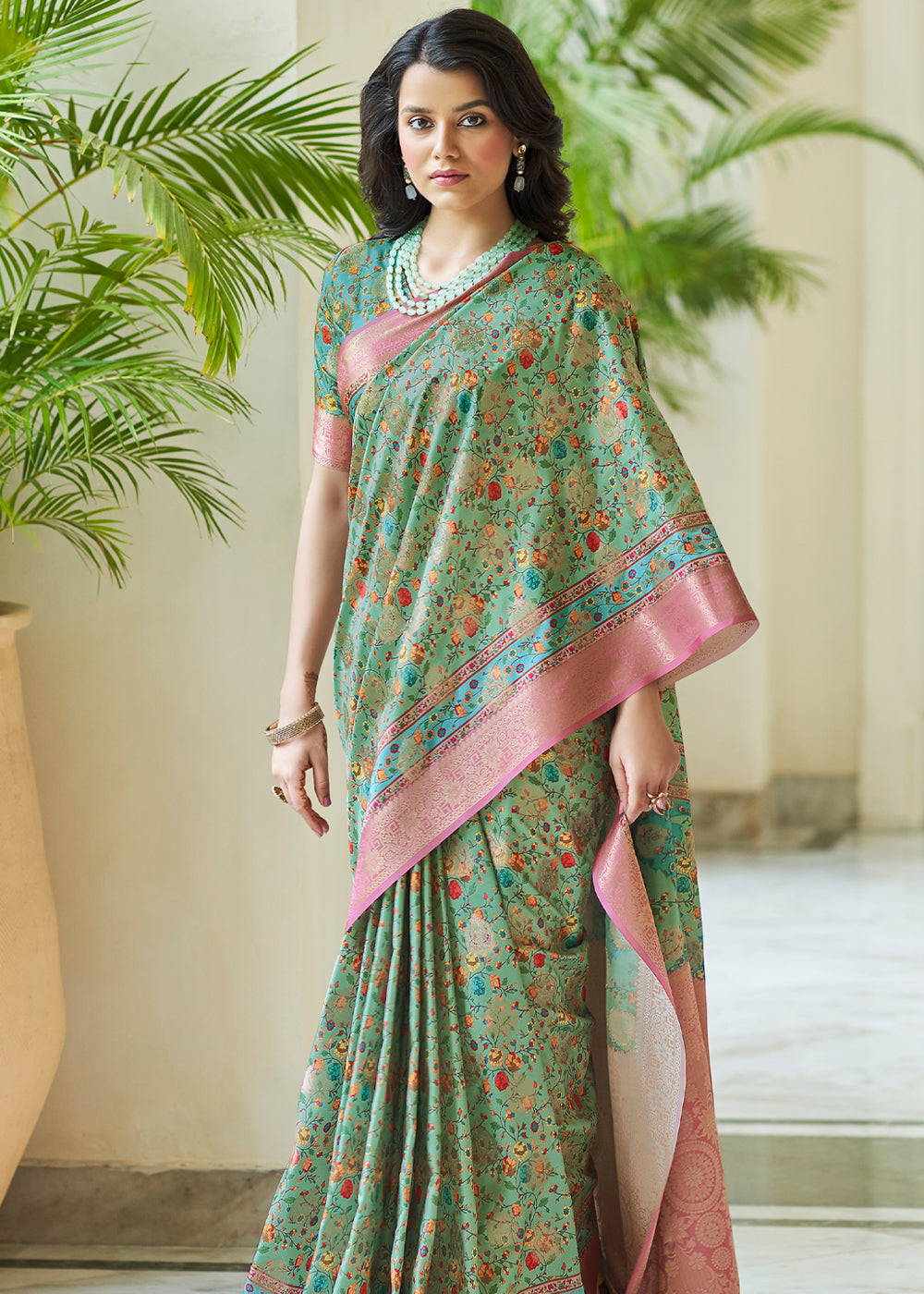 Amulet Green Banarasi Saree with Jamewar Print