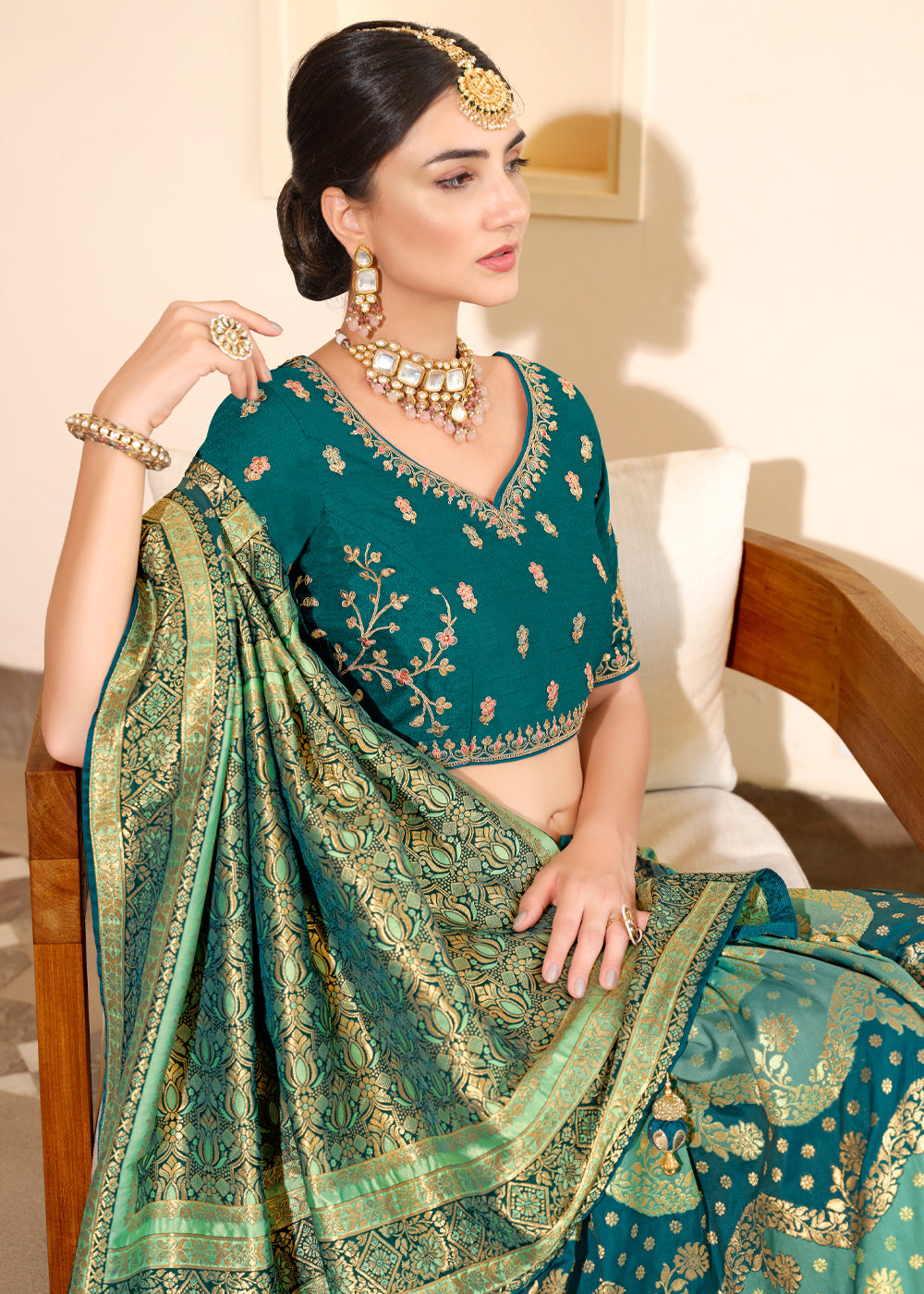 Patina Green and Blue Woven Designer Banarasi Silk Saree