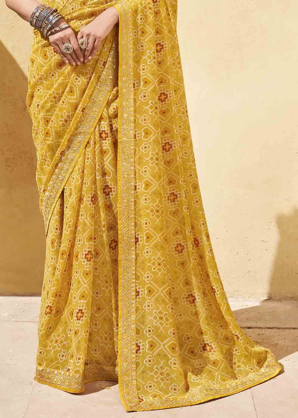 Bourbon Yellow Patola Print Georgette Saree With Embroidered Blouse