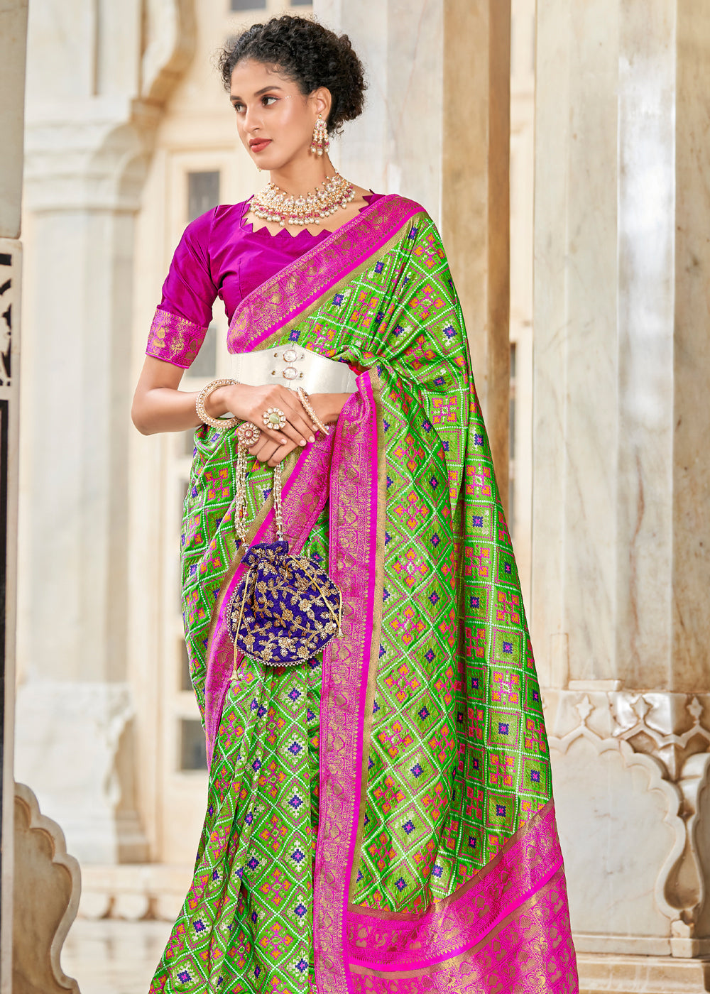 Sushi Green and Pink Zari Woven Patola Saree