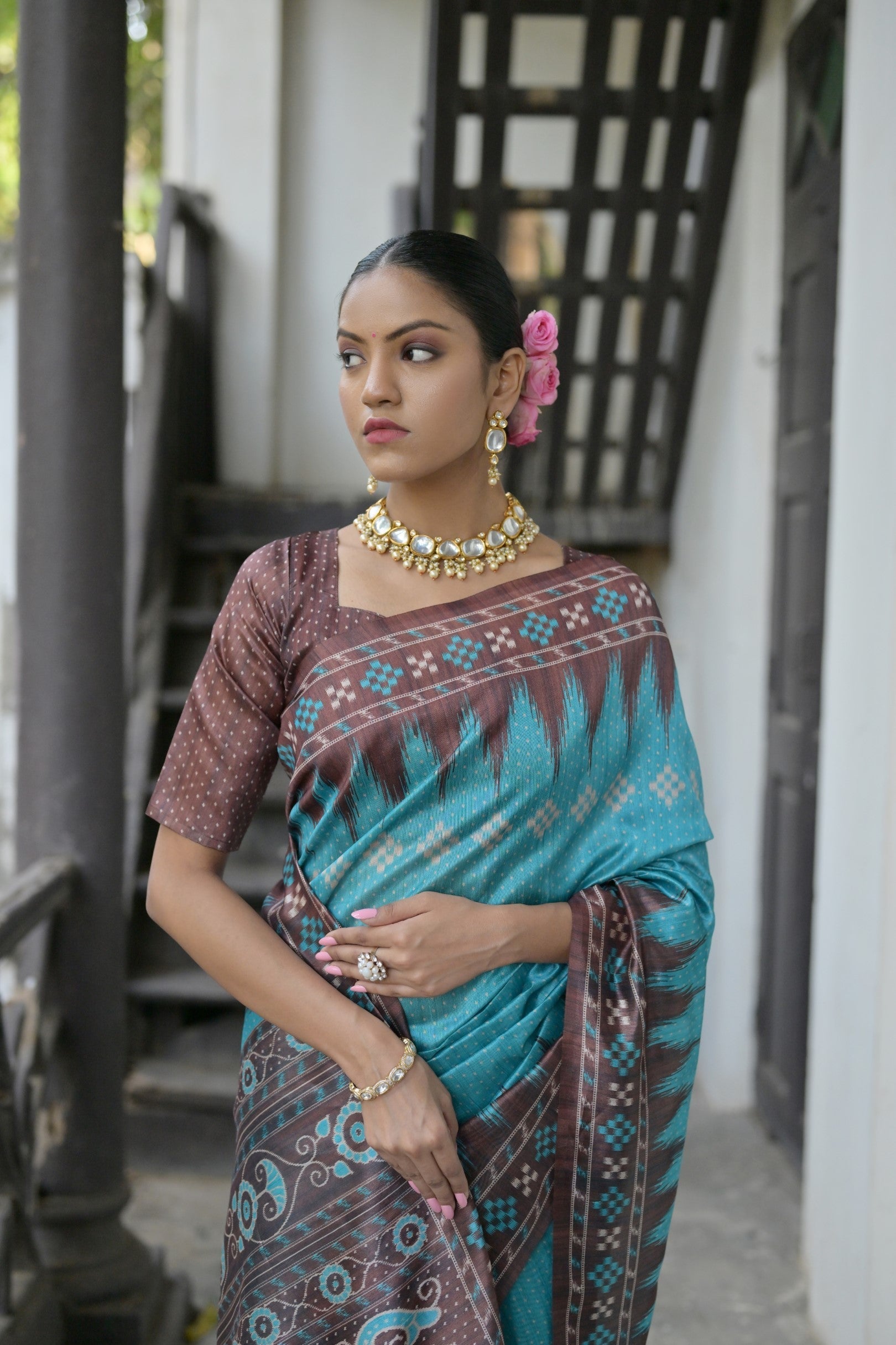 Tradewind Blue and Brown Printed Tussar Silk Saree