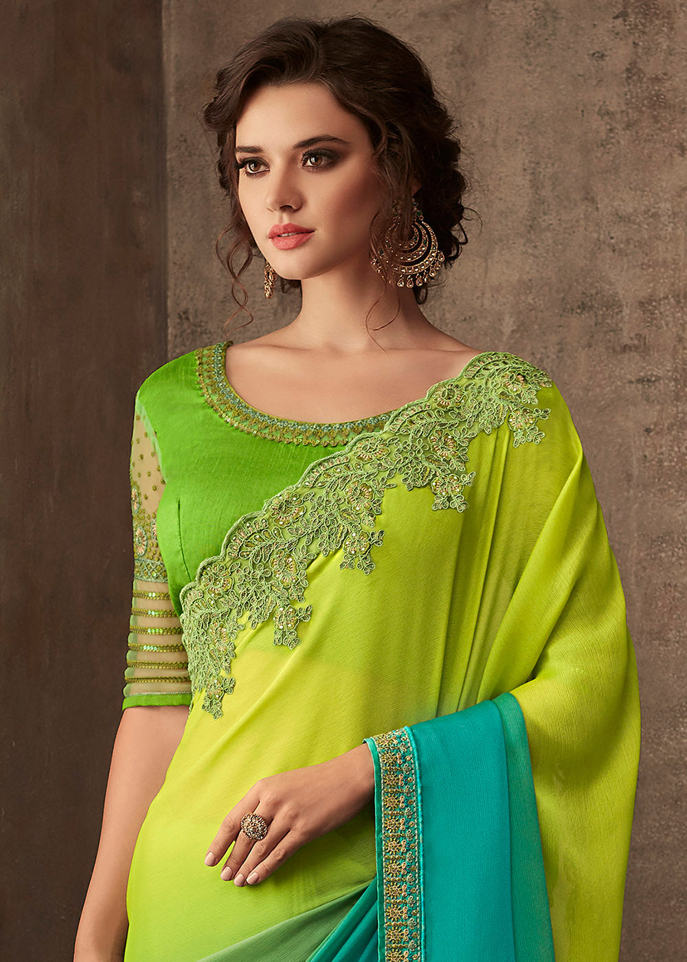 Christi Green and Blue Embroidered Chiffon Designer Saree