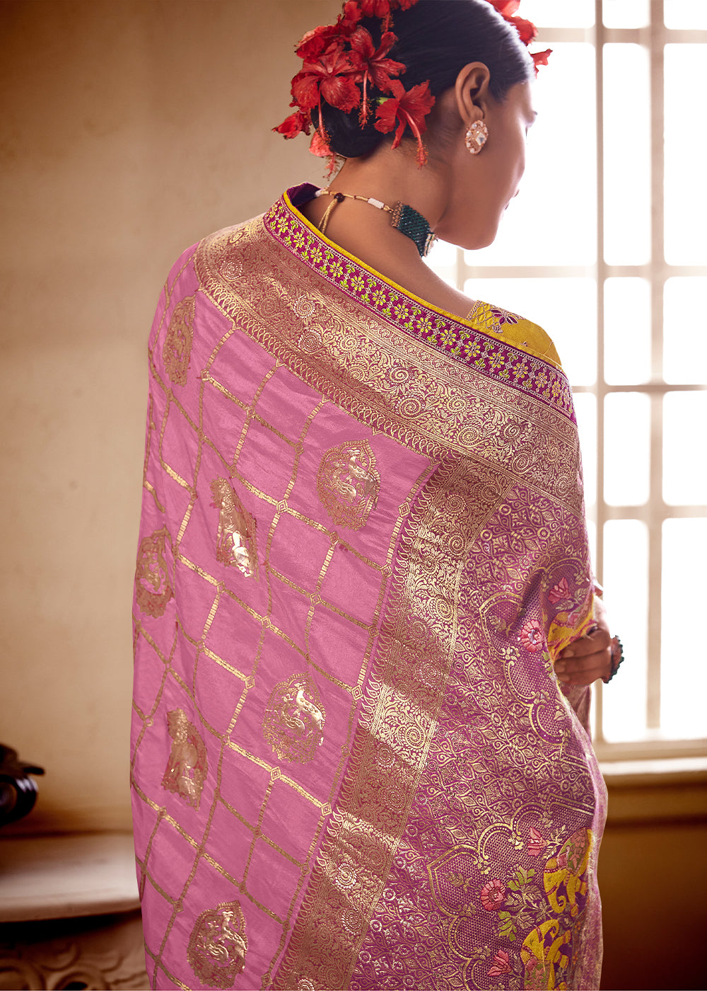 Hopbush Pink and Yellow Banarasi Saree with Designer Blouse