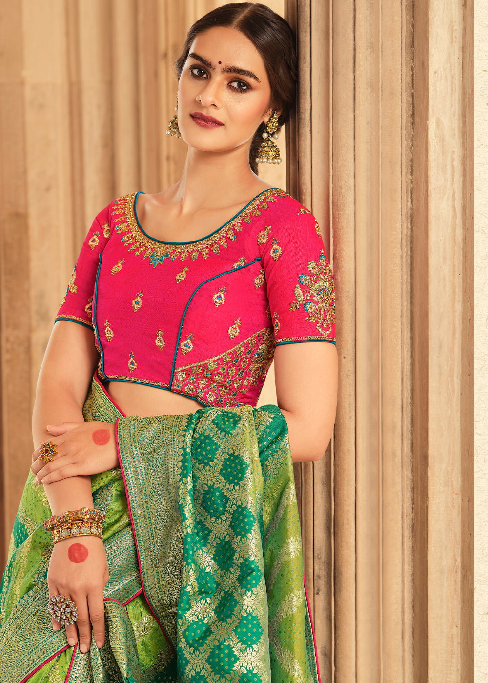 Olive Green and Pink Zari Woven Banarasi Saree with Designer Blouse