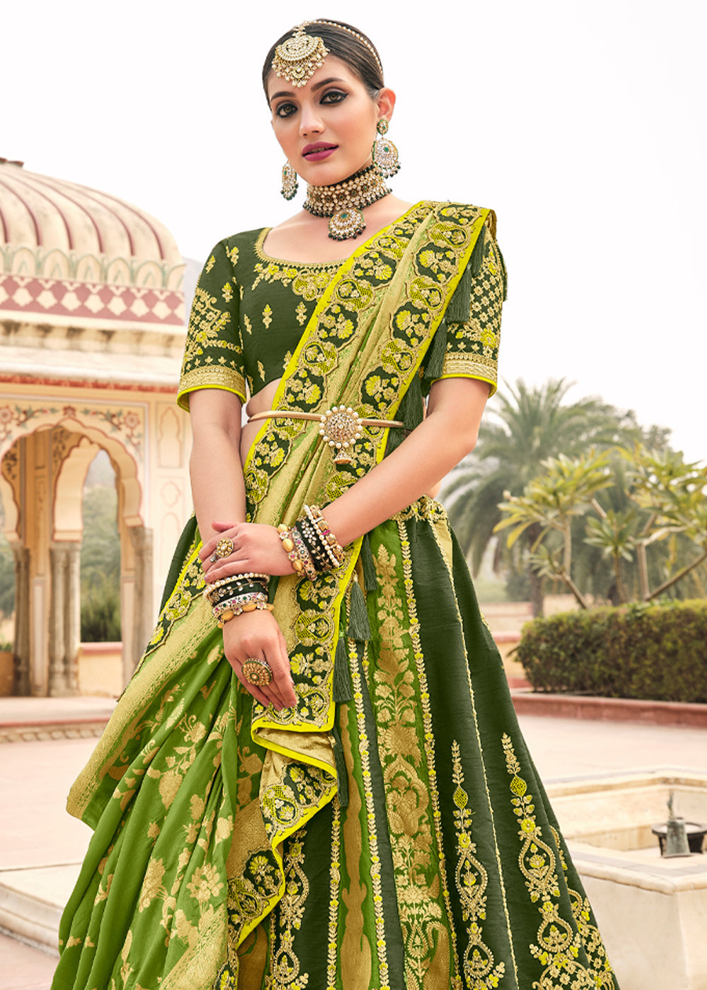 Pesto Green Heavy Embroidered Lehenga