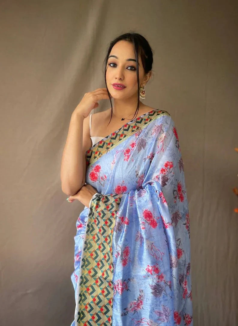 Shadow Blue Soft Linen Cotton Saree