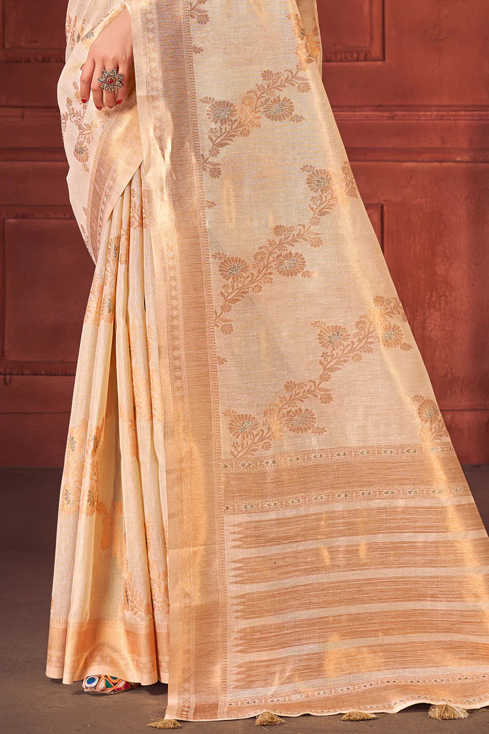 Brandy Cream Cotton Tissue Silk Saree