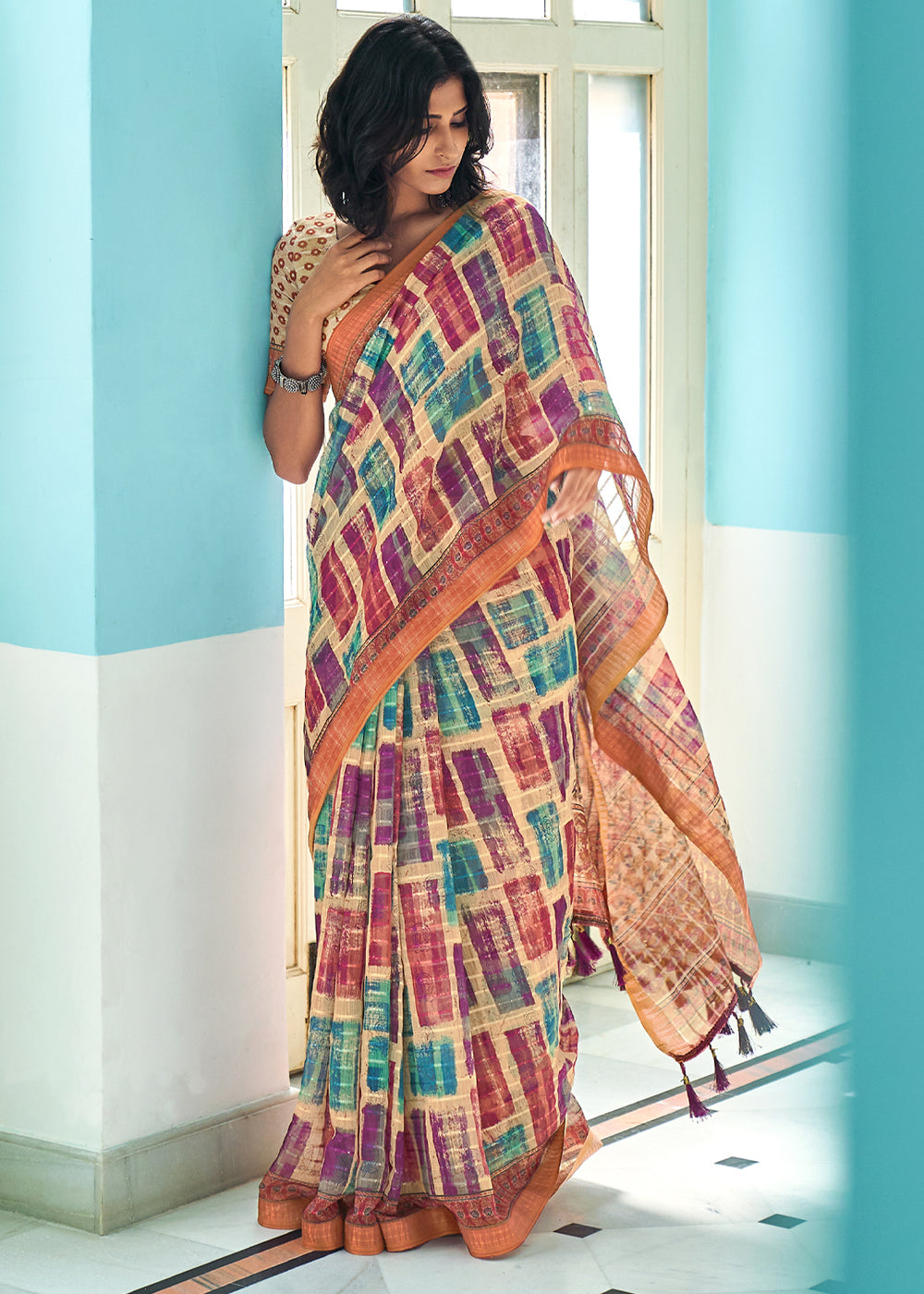 Tan Cream Multicolor Printed Linen Saree