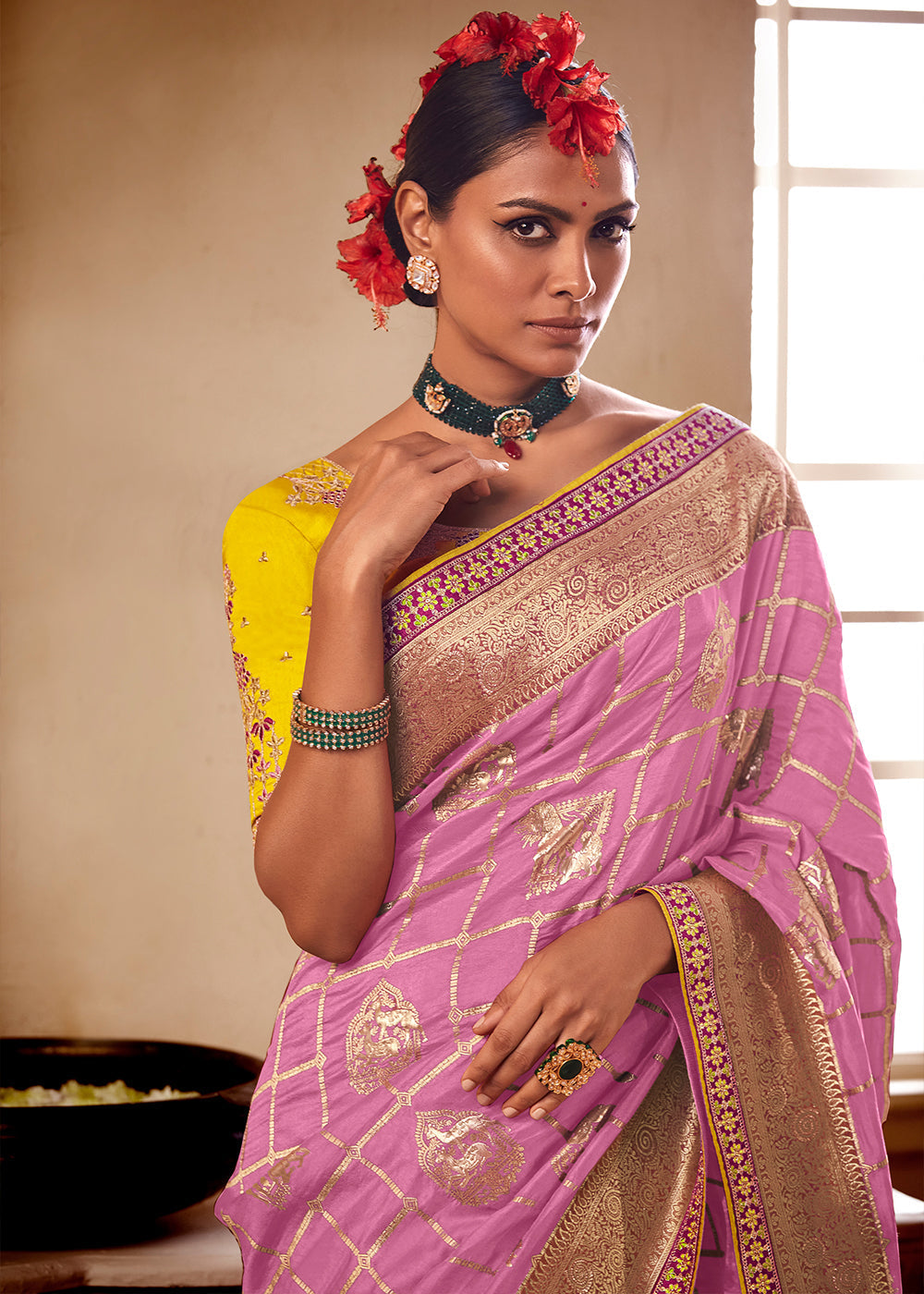 Hopbush Pink and Yellow Banarasi Saree with Designer Blouse