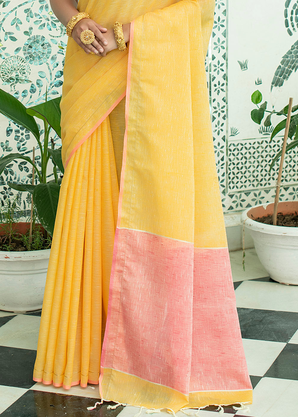 Shalimar Yellow Zari Woven Linen Saree