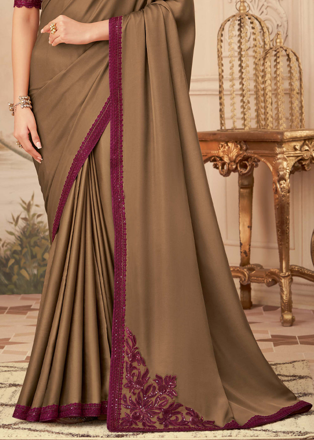 Dirt Brown Georgette Designer Saree with Embroidered Blouse