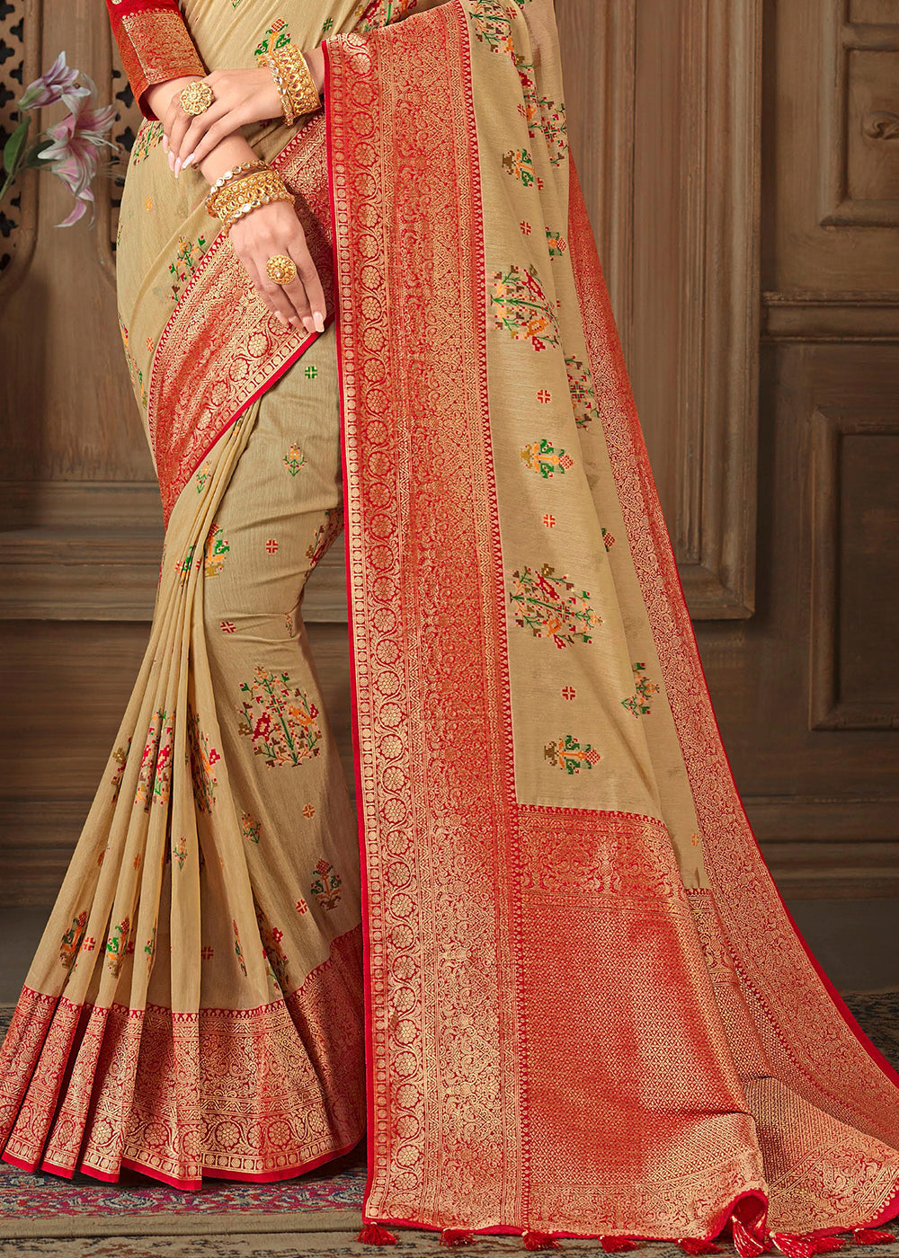 Teak Cream and Red Zari Woven Banarasi Saree