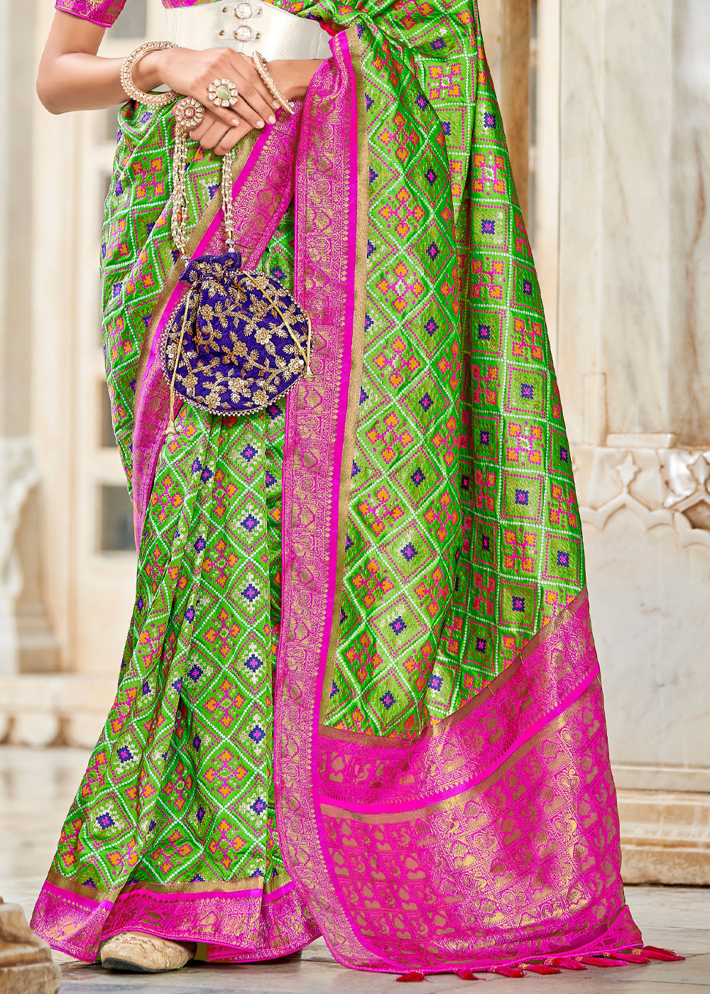 Sushi Green and Pink Zari Woven Patola Saree