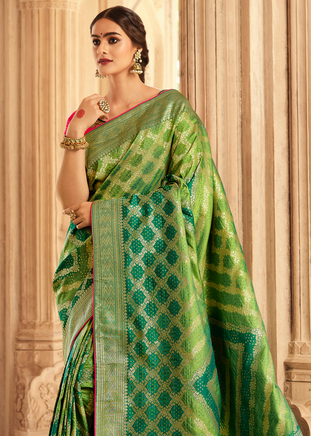 Olive Green and Pink Zari Woven Banarasi Saree with Designer Blouse