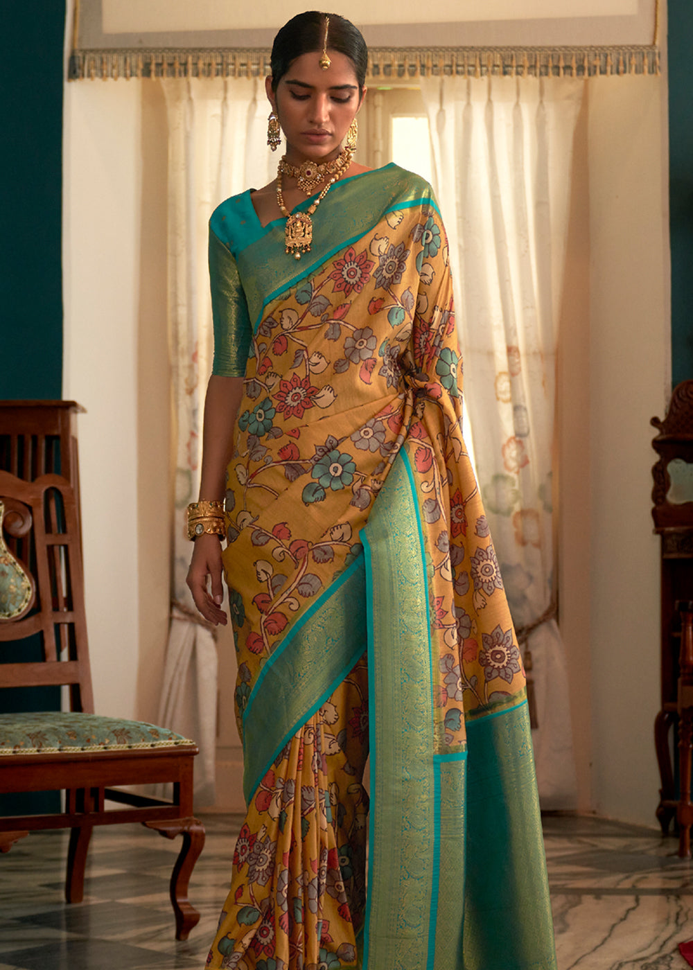 Brulee Yellow Woven Banarasi Tussar Silk Kalamkari Saree