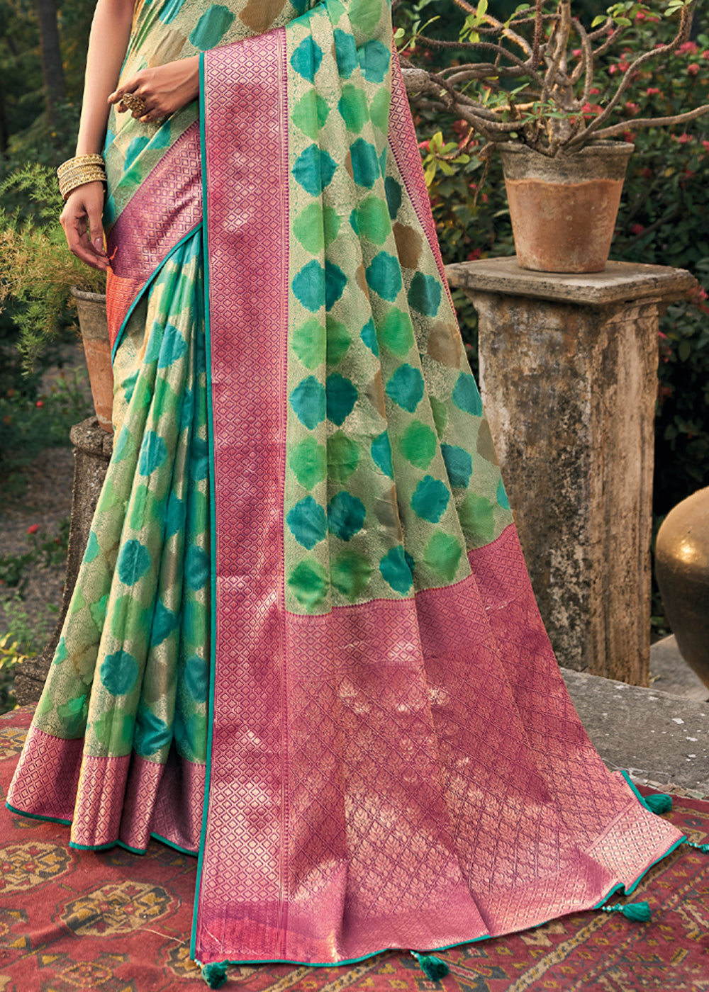 Asparagus Green Woven Organza Banarasi Silk Saree