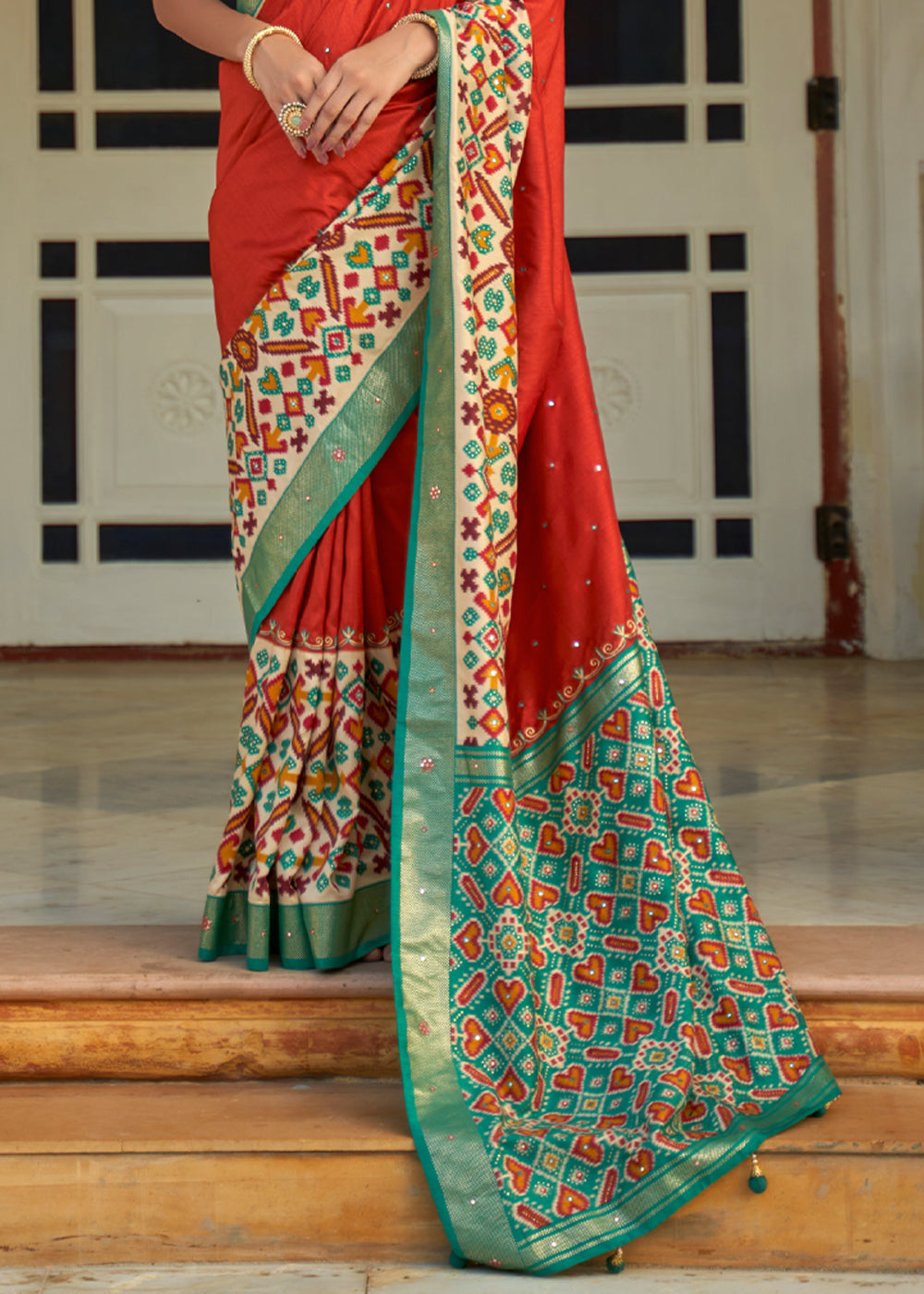 Jasper Red and Green Woven Patola Silk Saree